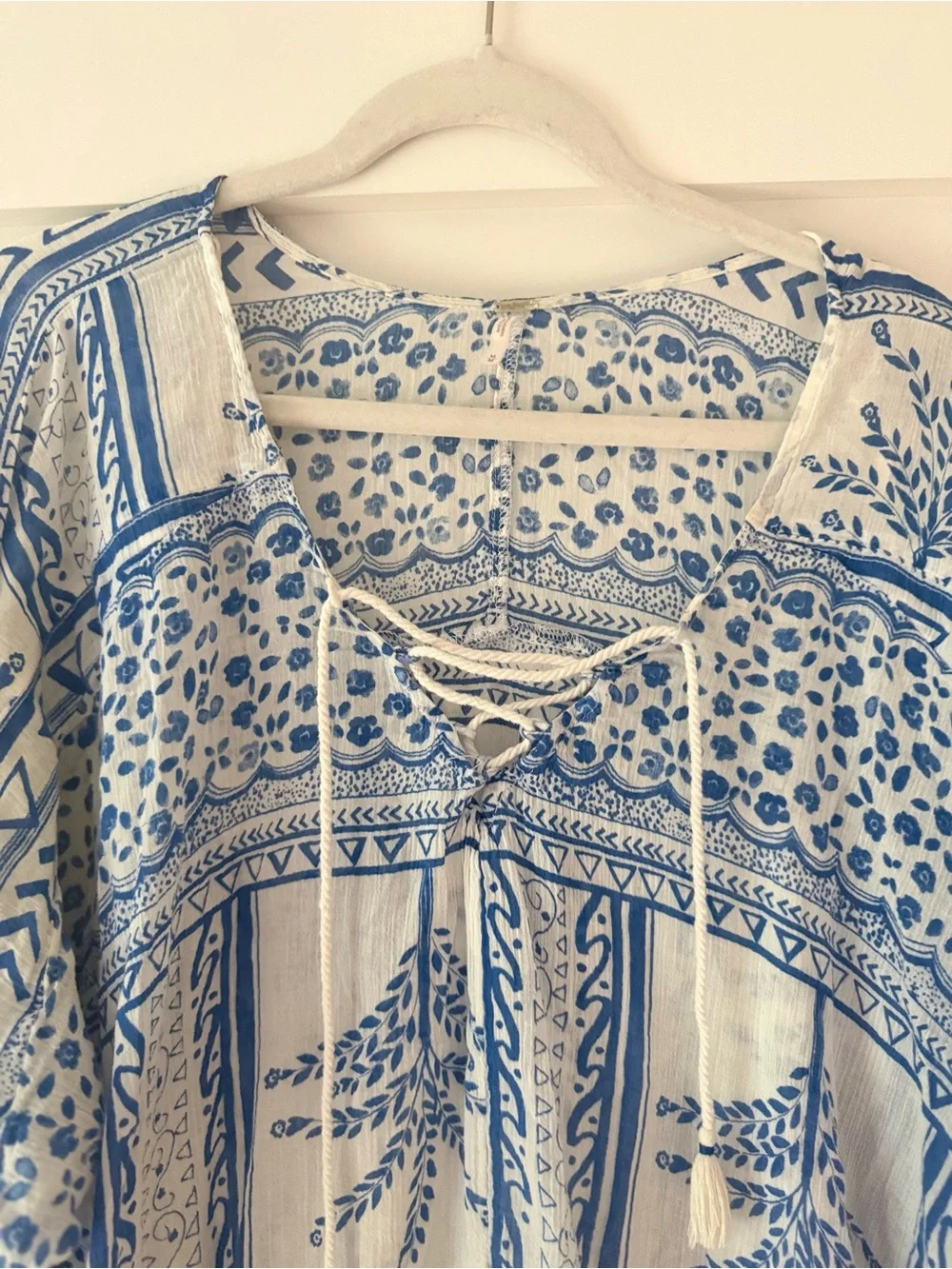 Free People Blue and White Lace-Up Printed Tunic